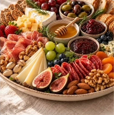 Una tabla de quesos y embutidos servida para una fiesta.