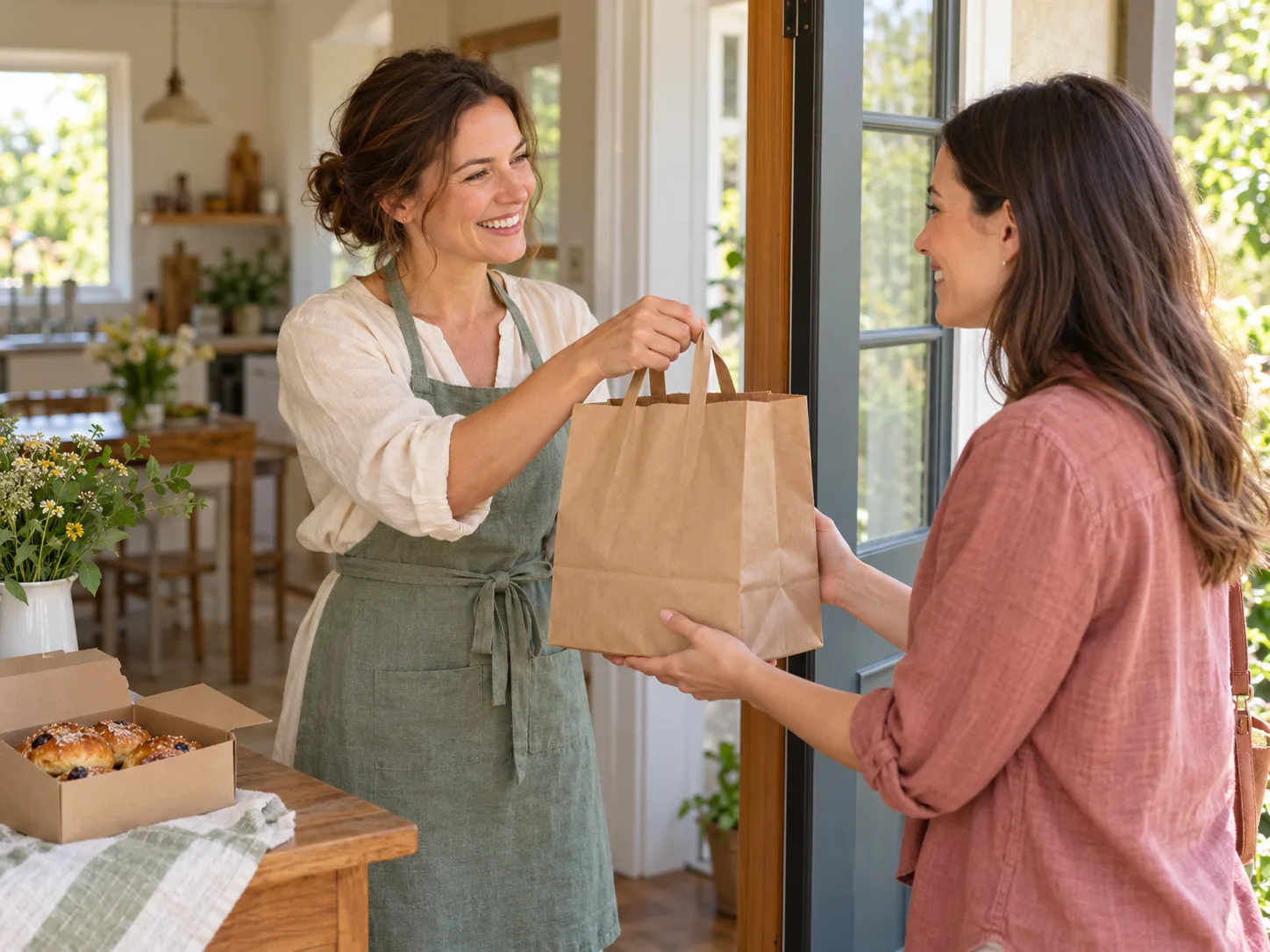 Una cocinera entregándole una bolsa de papel con el pedido a una clienta en la puerta de su casa.