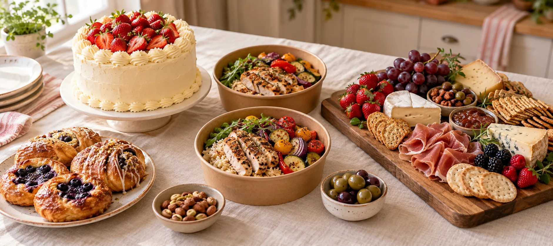 Una mesa con comida hecha en una cocina casera: un pastel de fresas, tazones de pollo con verduras asadas, pan dulce y una tabla de quesos, fruta y galletas saladas.
