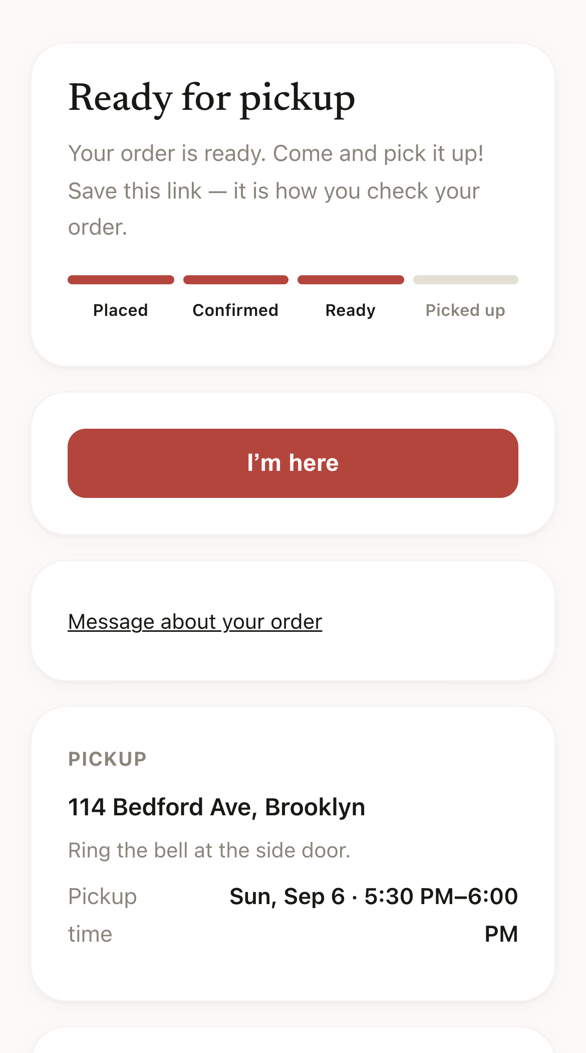 A customer's order page: the order is ready for pickup, with the pickup address, the items, the tip and the total.