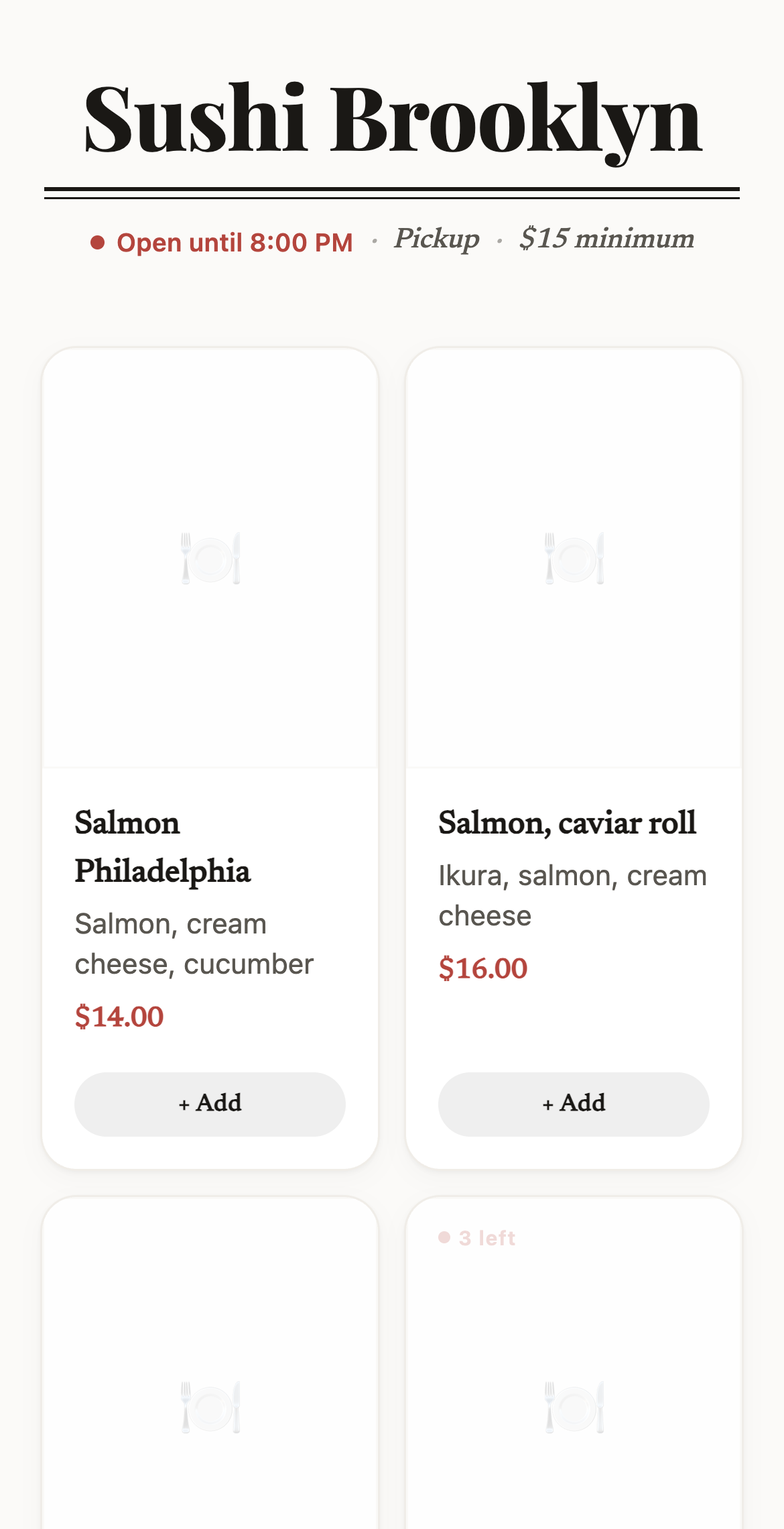 A Worknest storefront: the shop name, today's hours, pickup and minimum order, then dishes with prices and an Add button.