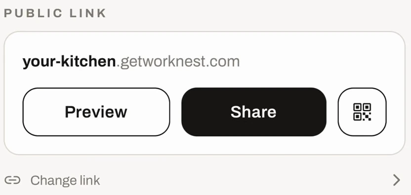The real Worknest public link panel with your-kitchen.getworknest.com, Preview, Share and a QR code.