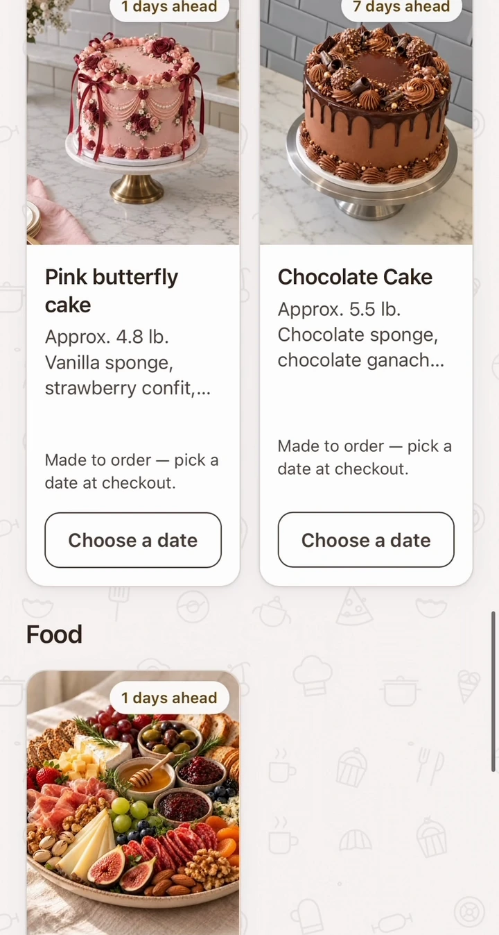 A real Your Kitchen storefront showing pink butterfly cake, chocolate cake and a grazing board.