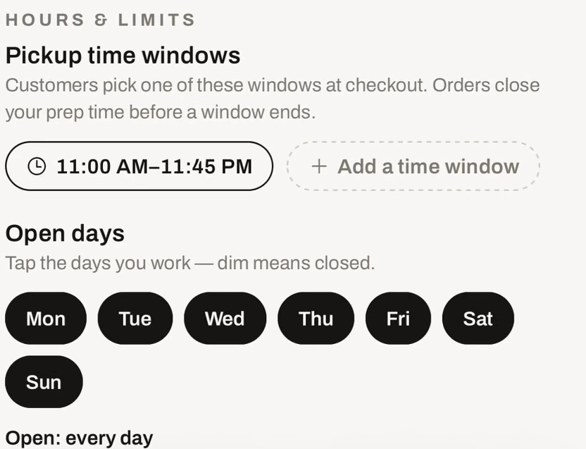 The real Worknest settings screen with a pickup time window and buttons for each open day.